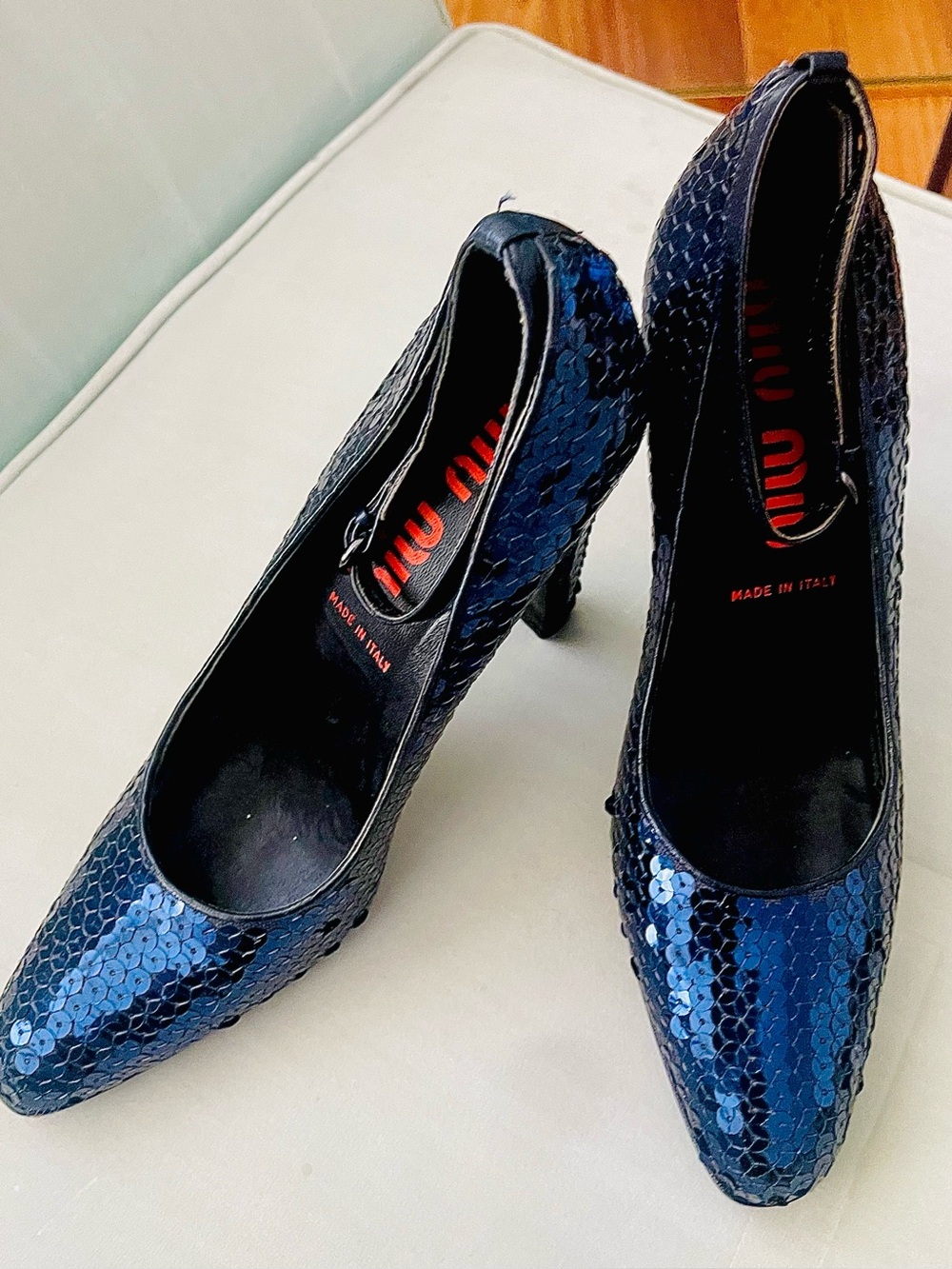 Miu Miu Navy Blue Sequin Pointed-Toe Pumps